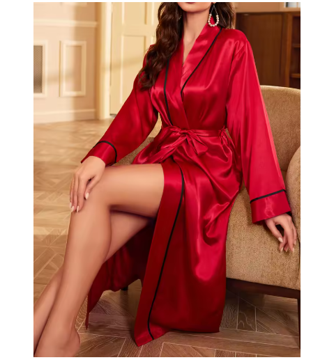 Simple Satin Night Robe Long Sleeve V Neck Robe With Belt Women's Sleepwear