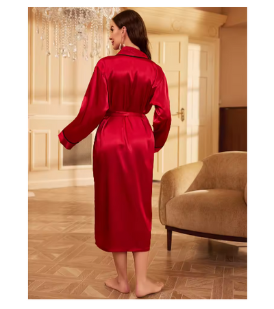 Simple Satin Night Robe Long Sleeve V Neck Robe With Belt Women's Sleepwear