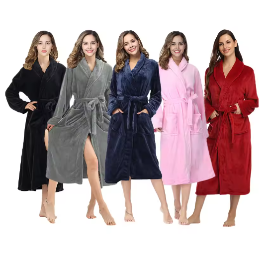 RONGTAI Women's solid color lapel bathrobe autumn and winter models facecloth warm and comfortable long-sleeved robe homewear