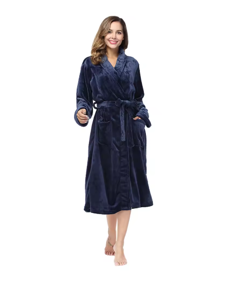 RONGTAI Women's solid color lapel bathrobe autumn and winter models facecloth warm and comfortable long-sleeved robe homewear