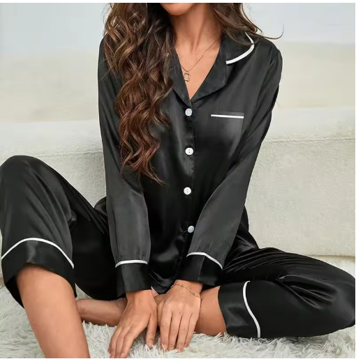 Plus Size Autumn and Winter Silk Pajamas Women Tops and Pants Solid Casual Soft Nightwear Buttons Cardigan Sleepwear Homewear