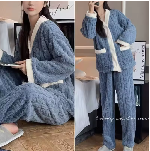 2pcs/Set Autumn And Winter Pajamas Women Thickened Padded Warm Students Coral Girls Clot Velvet Suit Homewear Cardigan Trousers