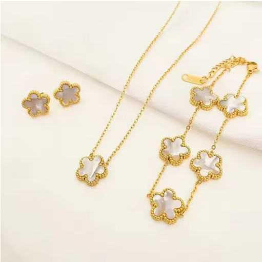 3 pieces of stainless steel plum blossom plant five leaf necklace, bracelet, earrings, women's jewelry set