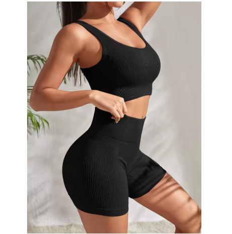 Ribbed Yoga Sport Set Women Seamless Crop Top Bra Shorts Yoga Set Comfort Elastic Sportsuit Workout Outfit Fitness Gym Clothes