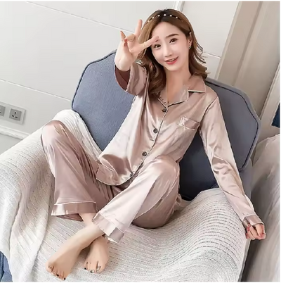 Plus Size Autumn and Winter Silk Pajamas Women Tops and Pants Solid Casual Soft Nightwear Buttons Cardigan Sleepwear Homewear