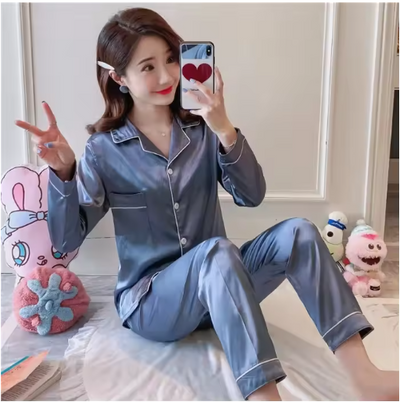 Plus Size Autumn and Winter Silk Pajamas Women Tops and Pants Solid Casual Soft Nightwear Buttons Cardigan Sleepwear Homewear