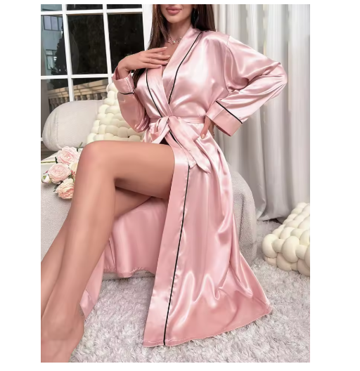 Simple Satin Night Robe Long Sleeve V Neck Robe With Belt Women's Sleepwear