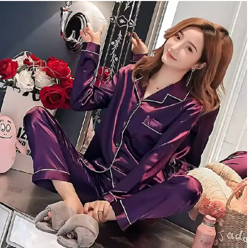 Plus Size Autumn and Winter Silk Pajamas Women Tops and Pants Solid Casual Soft Nightwear Buttons Cardigan Sleepwear Homewear