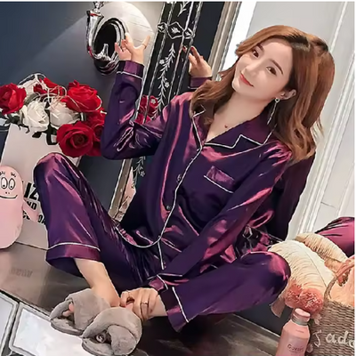 Plus Size Autumn and Winter Silk Pajamas Women Tops and Pants Solid Casual Soft Nightwear Buttons Cardigan Sleepwear Homewear