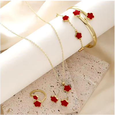 Lucky Five-petal Flower Clover Earrings Necklace Ring Bracelet Five-piece set for Woman Fashionable Accessories Party Jewelry