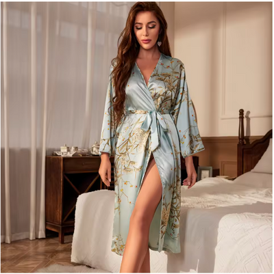 Little Cherry Print Belted Robe Sexy Satin Elegant Loungewear Four Seasons Breathable Sleepwear for Women