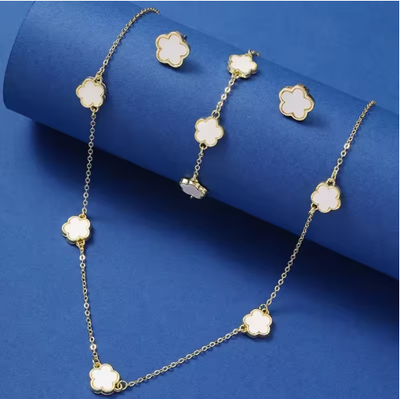 Lucky Five-petal Flower Clover Earrings Necklace Ring Bracelet Five-piece set for Woman Fashionable Accessories Party Jewelry