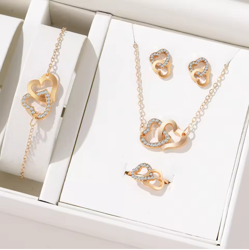 5 Piece Set Fashionable Elegant Gold Rhinestone Heart Shaped Decorative Jewelry Earrings Necklaces Bracelets Ring Combinations