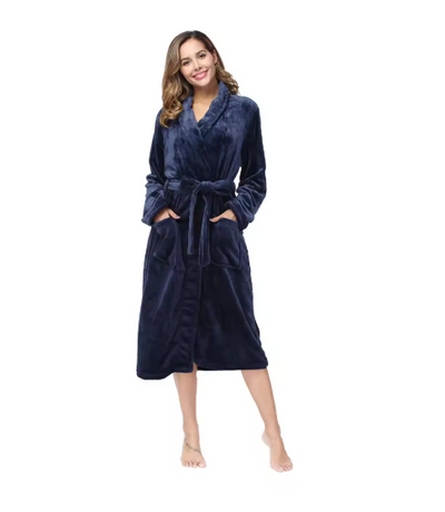 RONGTAI Women's solid color lapel bathrobe autumn and winter models facecloth warm and comfortable long-sleeved robe homewear