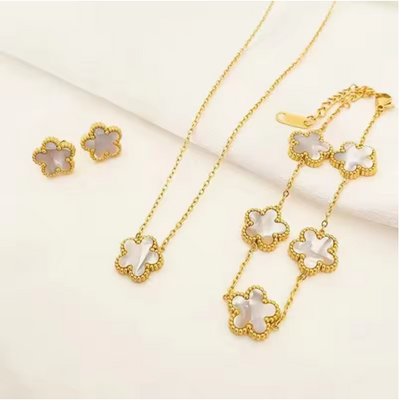 3 pieces of stainless steel plum blossom plant five leaf necklace, bracelet, earrings, women's jewelry set